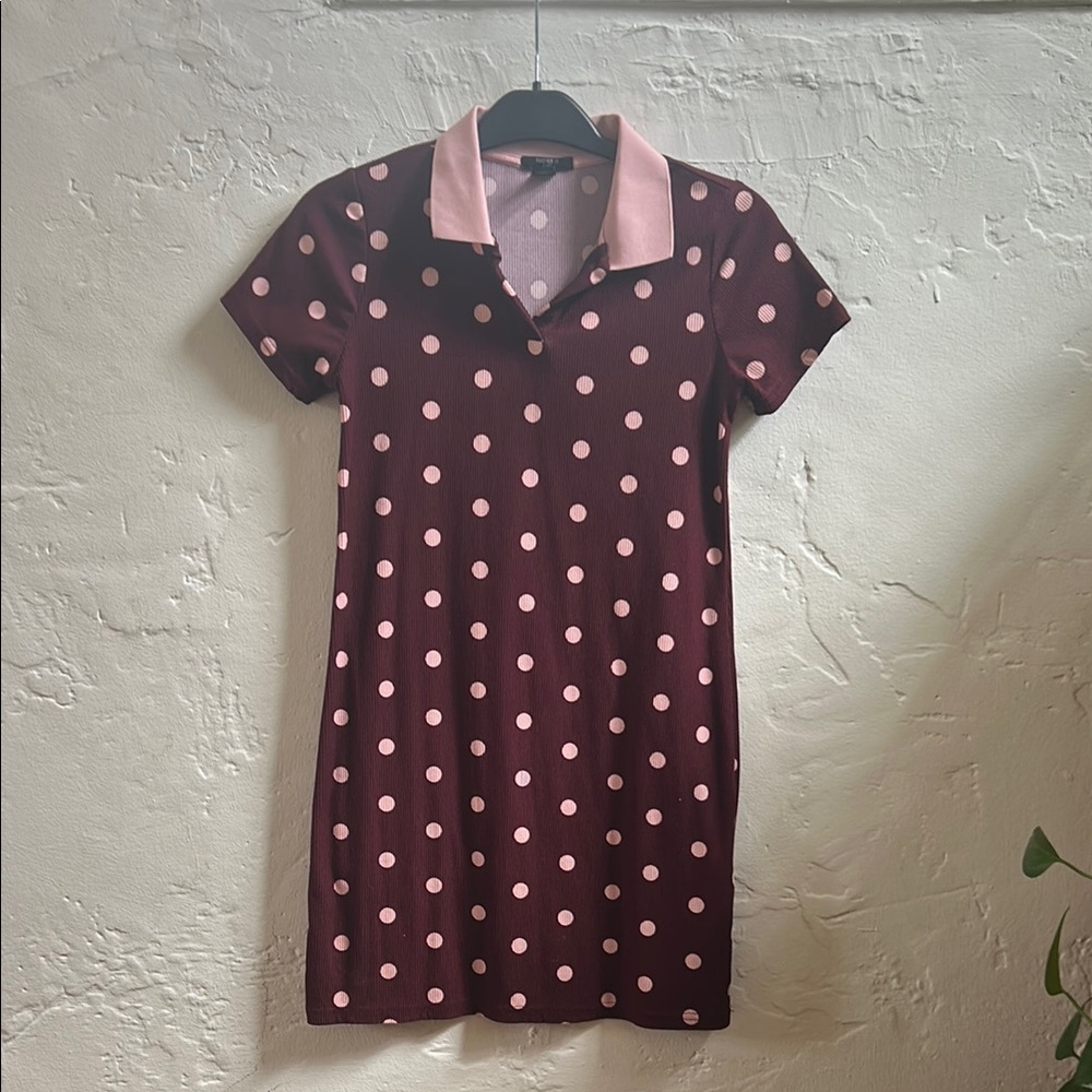 H&M Polka Dot Collared Dress - Pink and Maroon